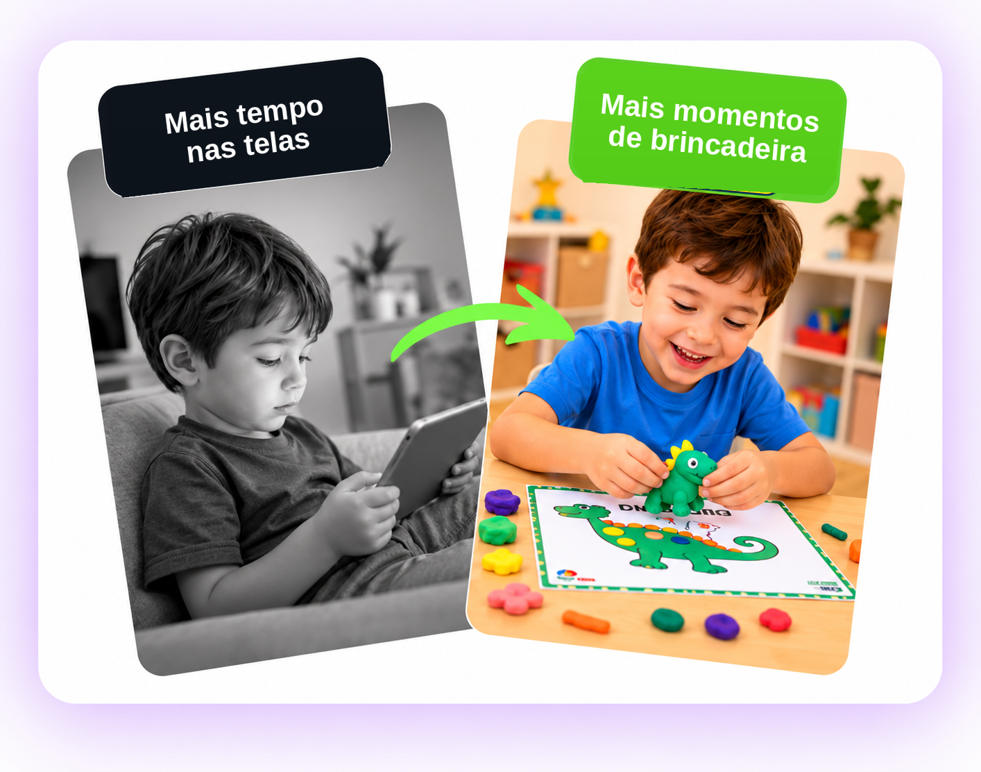 Comparação ilustrativa: mais tempo nas telas e mais momentos de brincadeira.